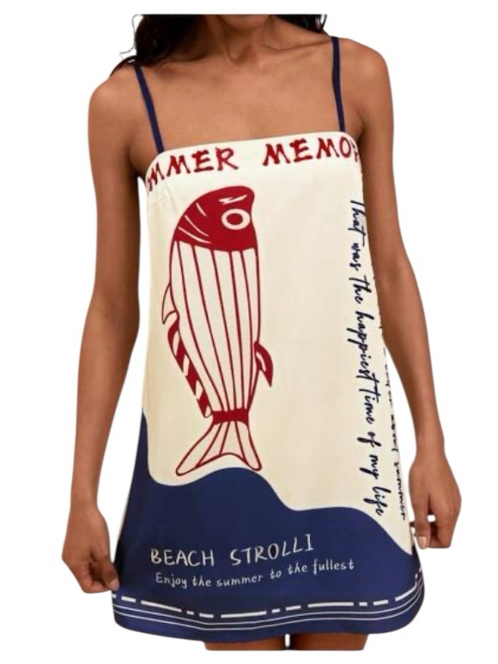 Summer Fish Print Spaghetti Strap Mini Dress - Cream & Navy with Red Graphic